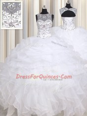 Most Popular White Straps Lace Up Beading and Ruffles Quinceanera Dresses Sleeveless
