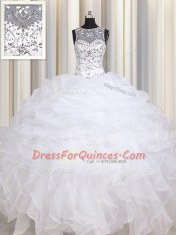 Most Popular White Straps Lace Up Beading and Ruffles Quinceanera Dresses Sleeveless