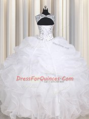 Most Popular White Straps Lace Up Beading and Ruffles Quinceanera Dresses Sleeveless