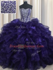 Clearance Purple Ball Gowns Sweetheart Sleeveless Organza With Brush Train Lace Up Beading and Ruffles Ball Gown Prom Dress