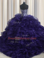 Clearance Purple Ball Gowns Sweetheart Sleeveless Organza With Brush Train Lace Up Beading and Ruffles Ball Gown Prom Dress