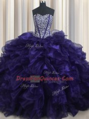 Clearance Purple Ball Gowns Sweetheart Sleeveless Organza With Brush Train Lace Up Beading and Ruffles Ball Gown Prom Dress