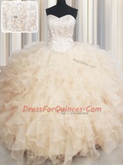 Organza Sweetheart Sleeveless Lace Up Beading and Ruffles Quinceanera Dress in Champagne