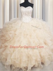 Organza Sweetheart Sleeveless Lace Up Beading and Ruffles Quinceanera Dress in Champagne