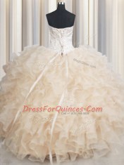 Organza Sweetheart Sleeveless Lace Up Beading and Ruffles Quinceanera Dress in Champagne