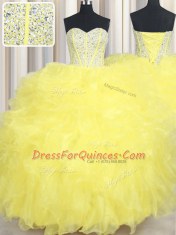 Floor Length Lace Up Sweet 16 Quinceanera Dress Yellow for Military Ball and Sweet 16 and Quinceanera with Beading and Ruffles