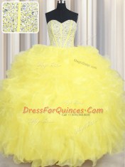 Floor Length Lace Up Sweet 16 Quinceanera Dress Yellow for Military Ball and Sweet 16 and Quinceanera with Beading and Ruffles