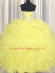 Floor Length Lace Up Sweet 16 Quinceanera Dress Yellow for Military Ball and Sweet 16 and Quinceanera with Beading and Ruffles
