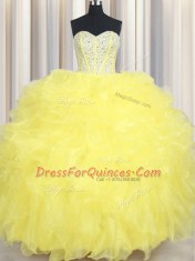 Floor Length Lace Up Sweet 16 Quinceanera Dress Yellow for Military Ball and Sweet 16 and Quinceanera with Beading and Ruffles