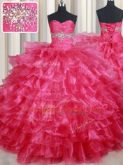 Organza Sweetheart Sleeveless Lace Up Ruffled Layers Sweet 16 Quinceanera Dress in Coral Red