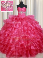 Organza Sweetheart Sleeveless Lace Up Ruffled Layers Sweet 16 Quinceanera Dress in Coral Red
