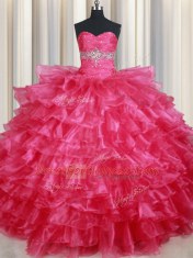 Organza Sweetheart Sleeveless Lace Up Ruffled Layers Sweet 16 Quinceanera Dress in Coral Red