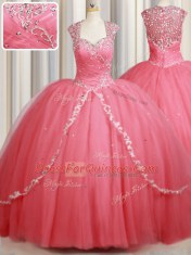 Comfortable Watermelon Red Zipper Straps Beading and Appliques Quinceanera Gowns Tulle Cap Sleeves Sweep Train
