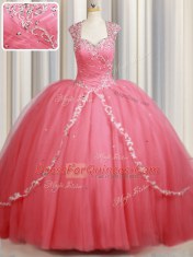 Comfortable Watermelon Red Zipper Straps Beading and Appliques Quinceanera Gowns Tulle Cap Sleeves Sweep Train