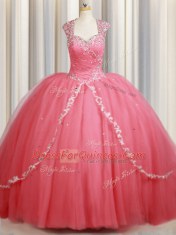 Comfortable Watermelon Red Zipper Straps Beading and Appliques Quinceanera Gowns Tulle Cap Sleeves Sweep Train