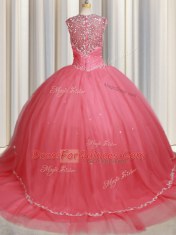 Comfortable Watermelon Red Zipper Straps Beading and Appliques Quinceanera Gowns Tulle Cap Sleeves Sweep Train