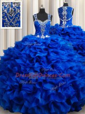 Ball Gowns Quinceanera Dresses Royal Blue Straps Organza Sleeveless Floor Length Lace Up