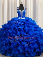 Ball Gowns Quinceanera Dresses Royal Blue Straps Organza Sleeveless Floor Length Lace Up