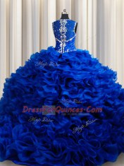 Ball Gowns Quinceanera Dresses Royal Blue Straps Organza Sleeveless Floor Length Lace Up