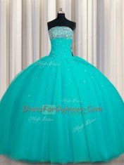 Inexpensive Sequins Ball Gowns Quinceanera Dresses Aqua Blue Strapless Tulle Sleeveless Floor Length Lace Up