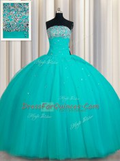 Inexpensive Sequins Ball Gowns Quinceanera Dresses Aqua Blue Strapless Tulle Sleeveless Floor Length Lace Up