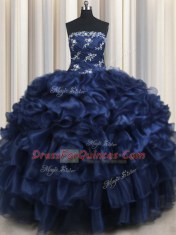 Decent Navy Blue Lace Up Strapless Appliques and Ruffles and Pick Ups Quinceanera Dress Organza Sleeveless