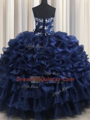 Decent Navy Blue Lace Up Strapless Appliques and Ruffles and Pick Ups Quinceanera Dress Organza Sleeveless