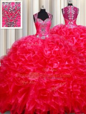 Straps Red Sleeveless Floor Length Beading and Ruffles Zipper Sweet 16 Quinceanera Dress