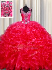 Straps Red Sleeveless Floor Length Beading and Ruffles Zipper Sweet 16 Quinceanera Dress