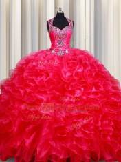Straps Red Sleeveless Floor Length Beading and Ruffles Zipper Sweet 16 Quinceanera Dress