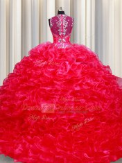 Straps Red Sleeveless Floor Length Beading and Ruffles Zipper Sweet 16 Quinceanera Dress