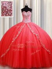 Fancy Coral Red Tulle Lace Up Quinceanera Dress Sleeveless Floor Length Beading and Appliques
