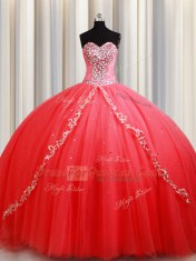 Fancy Coral Red Tulle Lace Up Quinceanera Dress Sleeveless Floor Length Beading and Appliques