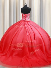 Fancy Coral Red Tulle Lace Up Quinceanera Dress Sleeveless Floor Length Beading and Appliques