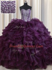 Gorgeous Dark Purple Sweetheart Lace Up Beading and Ruffles Sweet 16 Quinceanera Dress Sleeveless