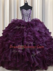 Gorgeous Dark Purple Sweetheart Lace Up Beading and Ruffles Sweet 16 Quinceanera Dress Sleeveless
