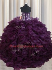 Gorgeous Dark Purple Sweetheart Lace Up Beading and Ruffles Sweet 16 Quinceanera Dress Sleeveless