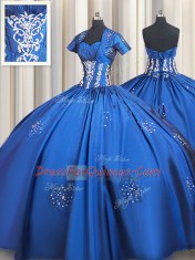 Blue Short Sleeves Taffeta Lace Up Quinceanera Gowns for Military Ball and Sweet 16 and Quinceanera