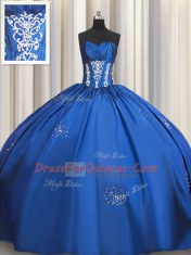 Blue Short Sleeves Taffeta Lace Up Quinceanera Gowns for Military Ball and Sweet 16 and Quinceanera