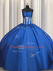 Blue Short Sleeves Taffeta Lace Up Quinceanera Gowns for Military Ball and Sweet 16 and Quinceanera