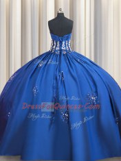 Blue Short Sleeves Taffeta Lace Up Quinceanera Gowns for Military Ball and Sweet 16 and Quinceanera
