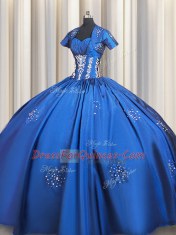 Blue Short Sleeves Taffeta Lace Up Quinceanera Gowns for Military Ball and Sweet 16 and Quinceanera