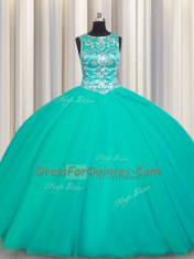Popular Scoop Sleeveless Lace Up 15th Birthday Dress Turquoise Tulle