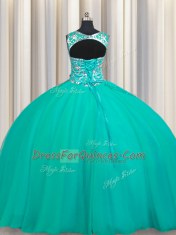 Popular Scoop Sleeveless Lace Up 15th Birthday Dress Turquoise Tulle