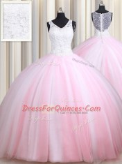 Straps Sleeveless Tulle Floor Length Zipper Quince Ball Gowns in Pink And White with Lace