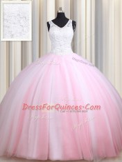 Straps Sleeveless Tulle Floor Length Zipper Quince Ball Gowns in Pink And White with Lace