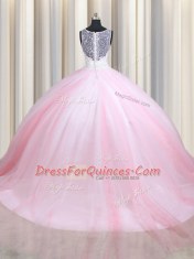 Straps Sleeveless Tulle Floor Length Zipper Quince Ball Gowns in Pink And White with Lace