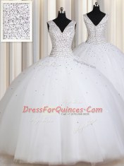 Stunning Straps White Zipper Vestidos de Quinceanera Beading and Sequins Sleeveless Floor Length