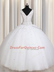 Stunning Straps White Zipper Vestidos de Quinceanera Beading and Sequins Sleeveless Floor Length