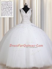 Stunning Straps White Zipper Vestidos de Quinceanera Beading and Sequins Sleeveless Floor Length